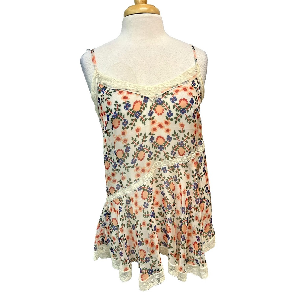 P.A.R.O.S.H.  Flare Camisole Semi Sheer Ivory Blue Red Floral & Lace V-Neck SZ S